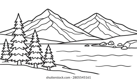 A peaceful alpine lake scene line art illustration in clean black and white, featuring pine trees framing a mountain lake with rocky shores and distant peaks. Perfect for nature wall art, outdoor adventure brand illustration, mountain lodge decor, travel poster design, and scenic coloring book illustration projects.