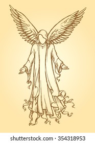 Peaceful Angel Sketch-Sepia vintage style angel with welcoming arms