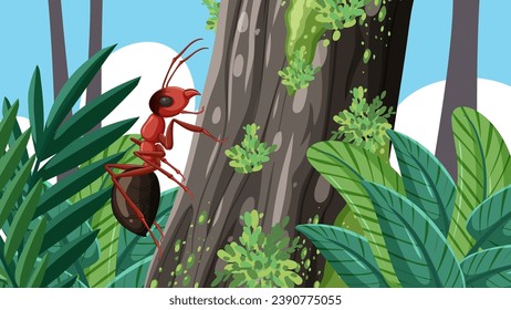 A peaceful ant walks on a moss-covered tree amidst nature's beauty