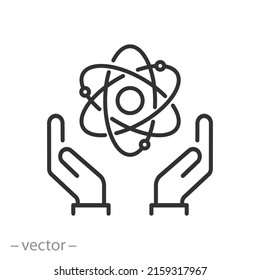 Peaceful Atom Icon, Nuclear Safety, Molecule Nucleus In Hands, Thin Line Web Symbol On White Background - Editable Stroke Vector Illustration