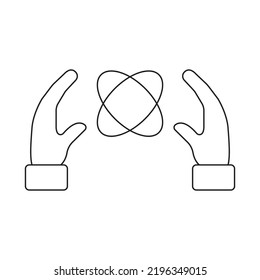 Peaceful Atom Icon On White Background. Nuclear Safety, Molecule Nucleus In Hands