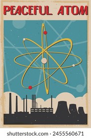 Friedliches Atom Poster, 1950er - 1960er Jahre Stil Illustration. Atomkraftwerk, Atom, Altertümliche Textur Muster, Mid Century moderne Farben 