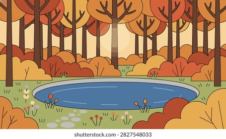 Peaceful autumn forest scene featuring a small round pond surrounded by trees with orange leaves and bushes.