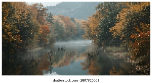 Peaceful autumn nature scene in vector format showing soft focus trees reflecting in river with misty atmosphere and mosaic pixel art style finish.