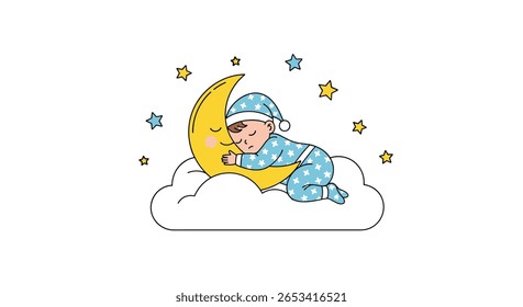 A peaceful baby peacefully sleeping on a crescent moon surrounded by twinkling stars and soft fluffy clouds in the night sky
