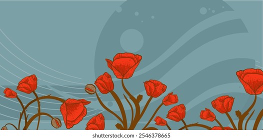 Peaceful background with red poppies and plant motifs