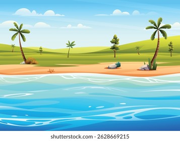 Peaceful beach with palm trees and grassy hills by a calm ocean under blue sky. Vector cartoon illustration