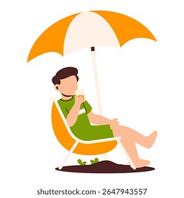A peaceful beach scene featuring a person lounging with a drink under a bright orange umbrella, enjoying leisure and summer atmosphere.