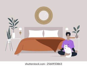 In a peaceful bedroom filled with soft colors, a person sits cross-legged on the floor, meditating with a white cat nestled in their lap, Green plants and soft lighting enhance the tranquil setting