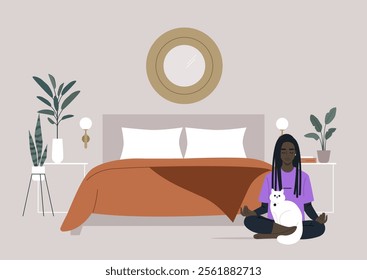 In a peaceful bedroom filled with soft colors, a person sits cross-legged on the floor, meditating with a white cat nestled in their lap, Green plants and soft lighting enhance the tranquil setting