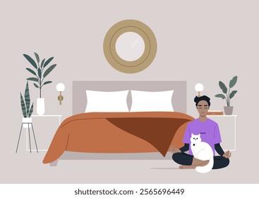 In a peaceful bedroom filled with soft colors, a person sits cross-legged on the floor, meditating with a white cat nestled in their lap, Green plants and soft lighting enhance the tranquil setting