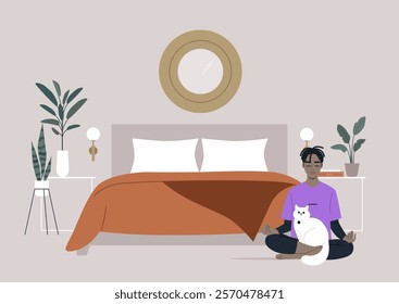 In a peaceful bedroom filled with soft colors, a person sits cross-legged on the floor, meditating with a white cat nestled in their lap, Green plants and soft lighting enhance the tranquil setting