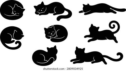 Peaceful black cat silhouettes in sleeping and resting poses vector set