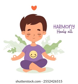 Niño tranquilo meditando sentado en pose de loto con hojas y frase fresca. Aficiones, deportes, salud mental, estilo de vida. Colección de niños. Ilustración vectorial