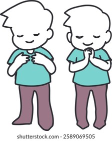 Peaceful Boys Praying and Expressing Thankfulness. A simple and heartwarming vector illustration is Ideal for themes of faith, spirituality, and thankfulness