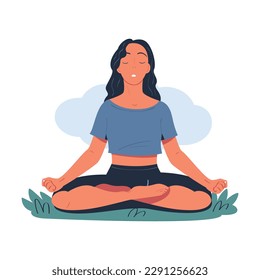 Peaceful brunette girl meditating in lotus position on nature cartoon vector illustration