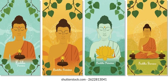 Peaceful Buddha Purnima Illustration with Meditating Buddha and Bodhi Leaves