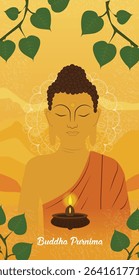 Peaceful Buddha Purnima Illustration with Meditating Buddha and Bodhi Leaves
