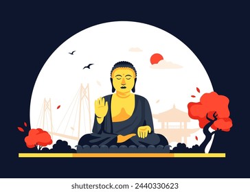 Estatua de Buda pacífica - ilustración vectorial de colores modernos con escultura de monje meditando en la posición de loto. Budismo y sintoísmo, religión asiática, santuario sintoísta, naturaleza e idea zen