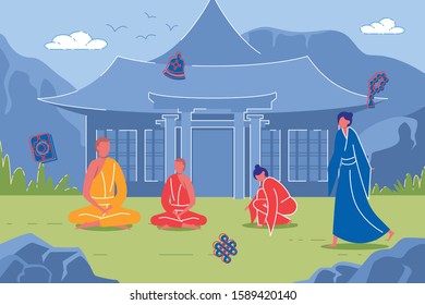 Peaceful Buddhist Monks and Nuns, Meditating to Achieve Mindfulness and Wisdom in Front Ancient Temple. People Coming to Monastery, Searching for Advice. Pagoda Against Snowy Mountain Peaks.