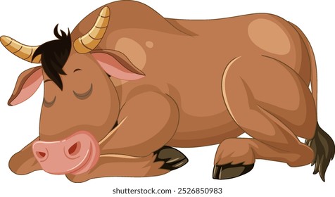 A peaceful bull resting under a new moon