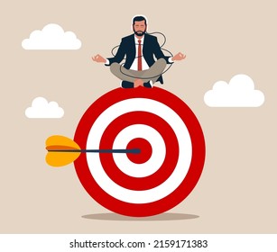 Peaceful Businessman Meditate Sitting And Focusing On Big Archer Target. Stay Focused And Concentrate On Business Objective, Goal Or Target, Relax Meditation To Eliminate Distraction Concept.