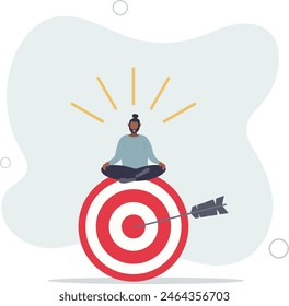 peaceful businessman meditate sitting and focusing on big archer target.flat vector illustration.