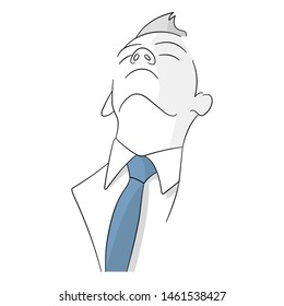 Peaceful calm facial expression of a businessman/ employee. Line art on white background with shadow effect. Man takes deep breath with closed eyes. Blue tie white shirt. Brush up hairstyle male.