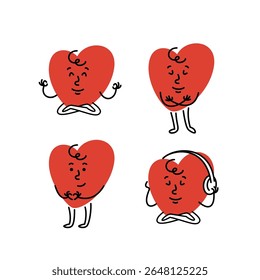 Peaceful, calm heart character meditates, listens to music, hugs itself, makes a heart symbol. Cute hand drawn cartoon mascot with different facial expression and body posture. Editable stroke