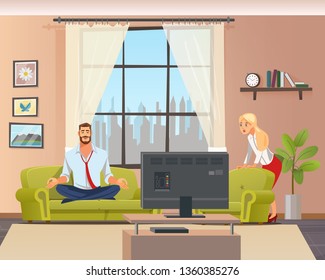 Peaceful Calm Man Doing Home Yoga in Living Room. Father Sitting on Couch in Lotus Position. Shocked Woman Character Staring. Husband and Wife at Home. Flat Cartoon Vector Illustration