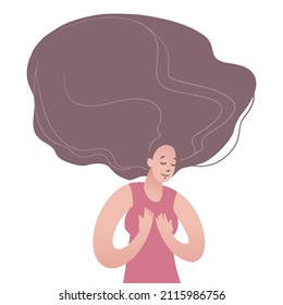 Peaceful and calm woman with hands pressed to chest. Happy girl with a serene face. Smiling female character enjoys her life. Mental health care concept. Vector hand drawn illustration in flat style.