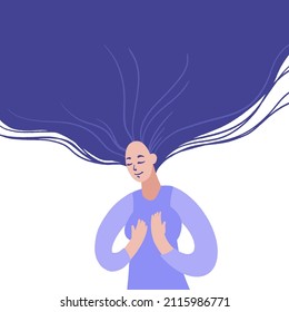 Peaceful and calm woman with hands pressed to chest. Happy girl with a serene face. Smiling female character enjoys her life. Mental health care concept. Vector hand drawn illustration in flat style.
