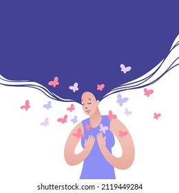 Peaceful and calm woman with hands pressed to chest. Happy girl with a serene face. Smiling female with butterflies. Mental health care concept. Vector hand drawn illustration in flat style.