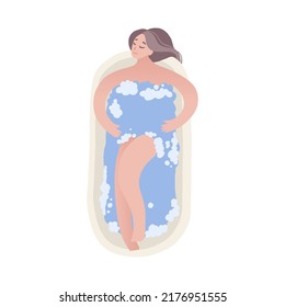 Peaceful and calm young woman enjoys a relaxing bath. Self care and relaxation time concept. Hand drawn vector decorative illustration in trendy flat style.