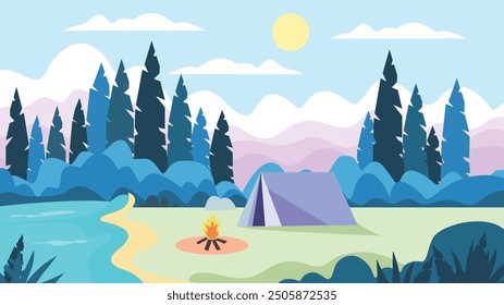 A peaceful camping scene set in a lush, forested area beside a serene river. The illustration features a tent pitched on a grassy area with a campfire nearby, surrounded by tall pine trees. 