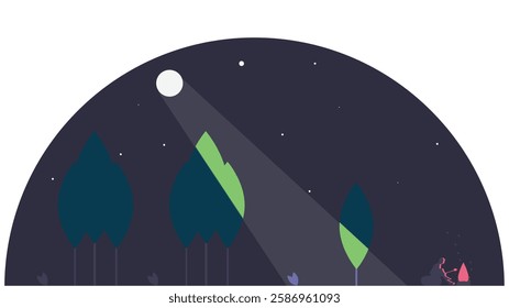 A peaceful camping site nestled in a dense forest, with a glowing tent illuminated under the soft moonlight, surrounded by tall trees and a starry night sky.