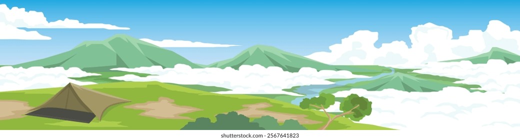 Peaceful camping spot amidst the breathtaking scenery under a blue sky with fluffy white clouds. Serene mountain landscape with rolling green hills, a winding river snaking through the valleys. 