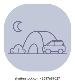 Peaceful campsite with tent and car parked nearby, illuminated by moonlight against serene night sky, surrounded by nature and trees