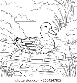 Um pacífico pato de desenho animado descansa em uma pequena ilha em uma lagoa, oferecendo uma atividade de coloração relaxante e envolvente para as crianças.