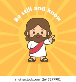 Peaceful Cartoon Jesus with Uplifted Hand Surrounded by Glowing Yellow Rays Vector Illustration