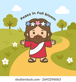 Peaceful Cartoon Jesus Wearing Flower Crown in Blooming Meadow Path Vector Illustration for gospel, sunday school, kid nursery