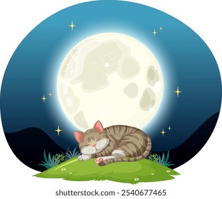 A peaceful cat rests beneath a glowing moon