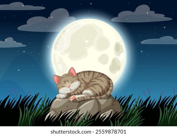 A peaceful cat rests beneath a glowing moon