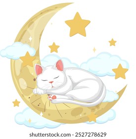 A peaceful cat rests on a crescent moon