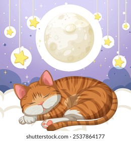 A peaceful cat sleeps beneath a glowing moon