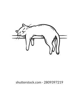 A peaceful cat is stretched out and sleeping on a narrow ledge, illustrated in simple black and white line art