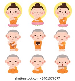 A peaceful and charming cartoon-style illustration featuring young Buddhist monks and Buddha figures in various meditative and daily life activities.