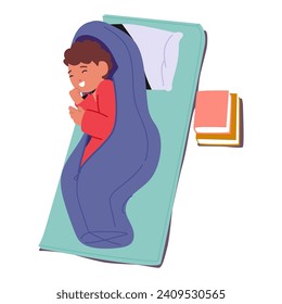 Peaceful Child Boy Character Sleeps On A Mat With Books around In The Elementary School Naptime Scene, Dreaming Away The Day In Comforting Tranquility. Cartoon People Vector Illustration