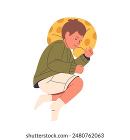 Peaceful Child Character Sleeping On A Comfortable Bed With A Yellow Polka Dot Pillow. Boy Looks Serene And Content