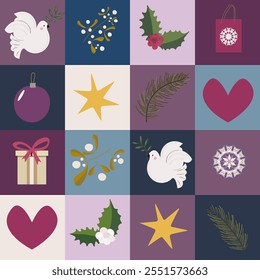 Peaceful christmas pattern. Vector endless geometric pattern in violet and blue pallete. For holiday gift card, wrapping paper, scrapbook paper, home textile, background.